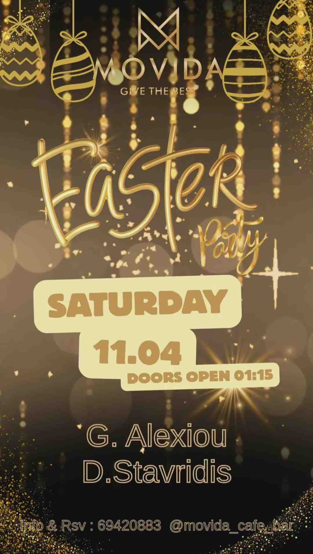 Αφίσα εκδήλωσης στο Movida στις 11 Απριλίου 2026 με τους Djs D. Stavridi & G. Alexiou.