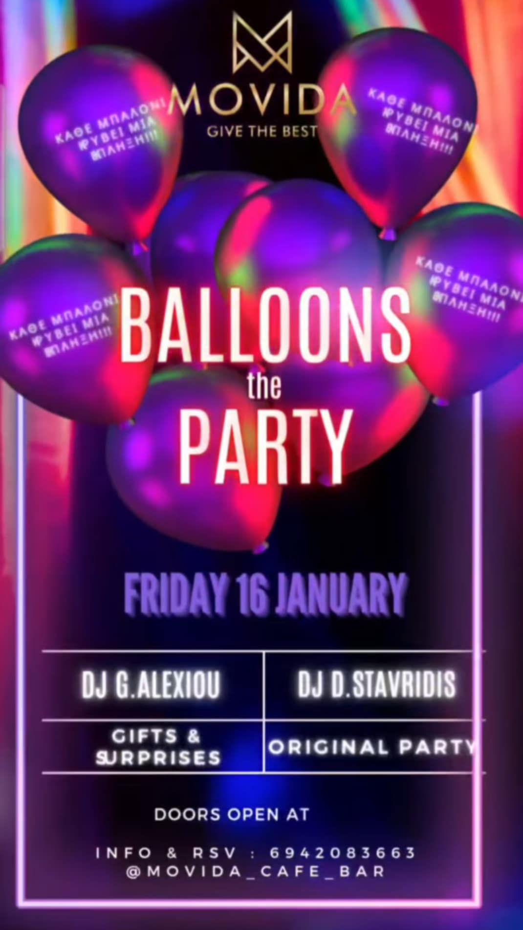 Αφίσα εκδήλωσης στο Movida στις 16 Ιανουαρίου 2026 με τους Djs D. Stavridi & G. Alexiou.