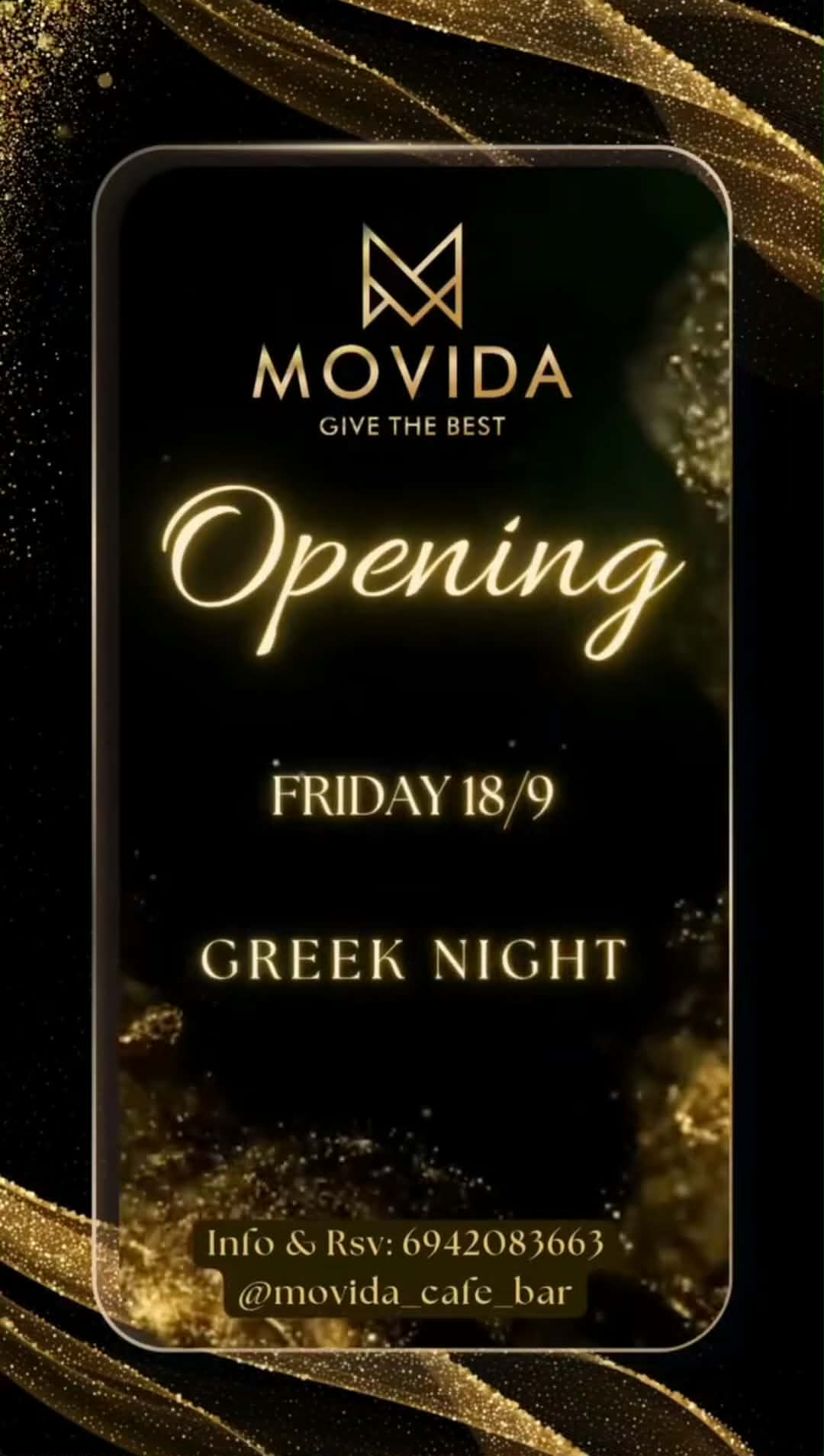 Αφίσα εκδήλωσης με opening party με ελληνική βραδιά στο Movida στις 18 Σεπτεμβρίου 2026.