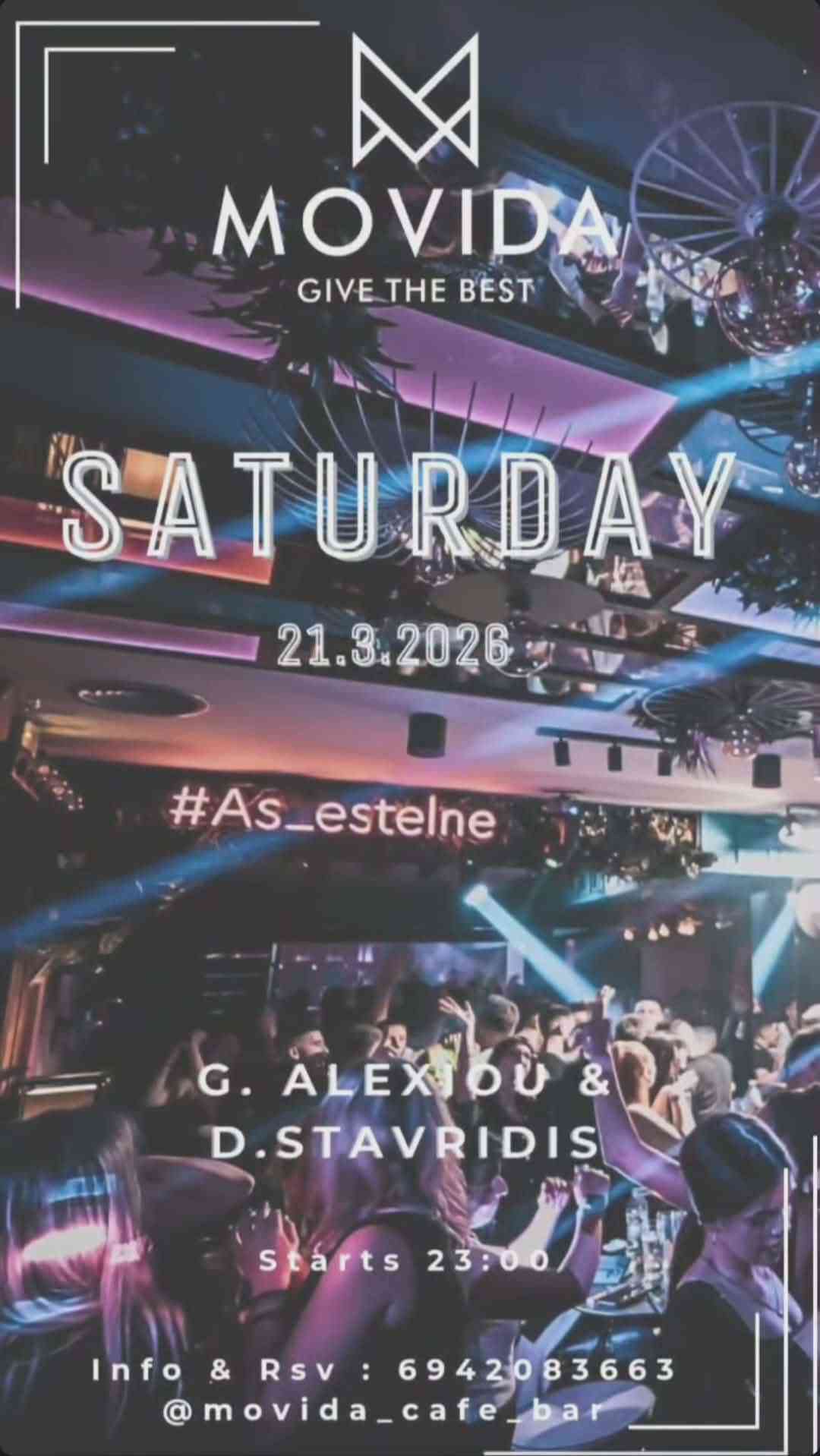 Αφίσα εκδήλωσης στο Movida στις 21 Μαρτίου 2026 με τους Djs D. Stavridi & G. Alexiou.