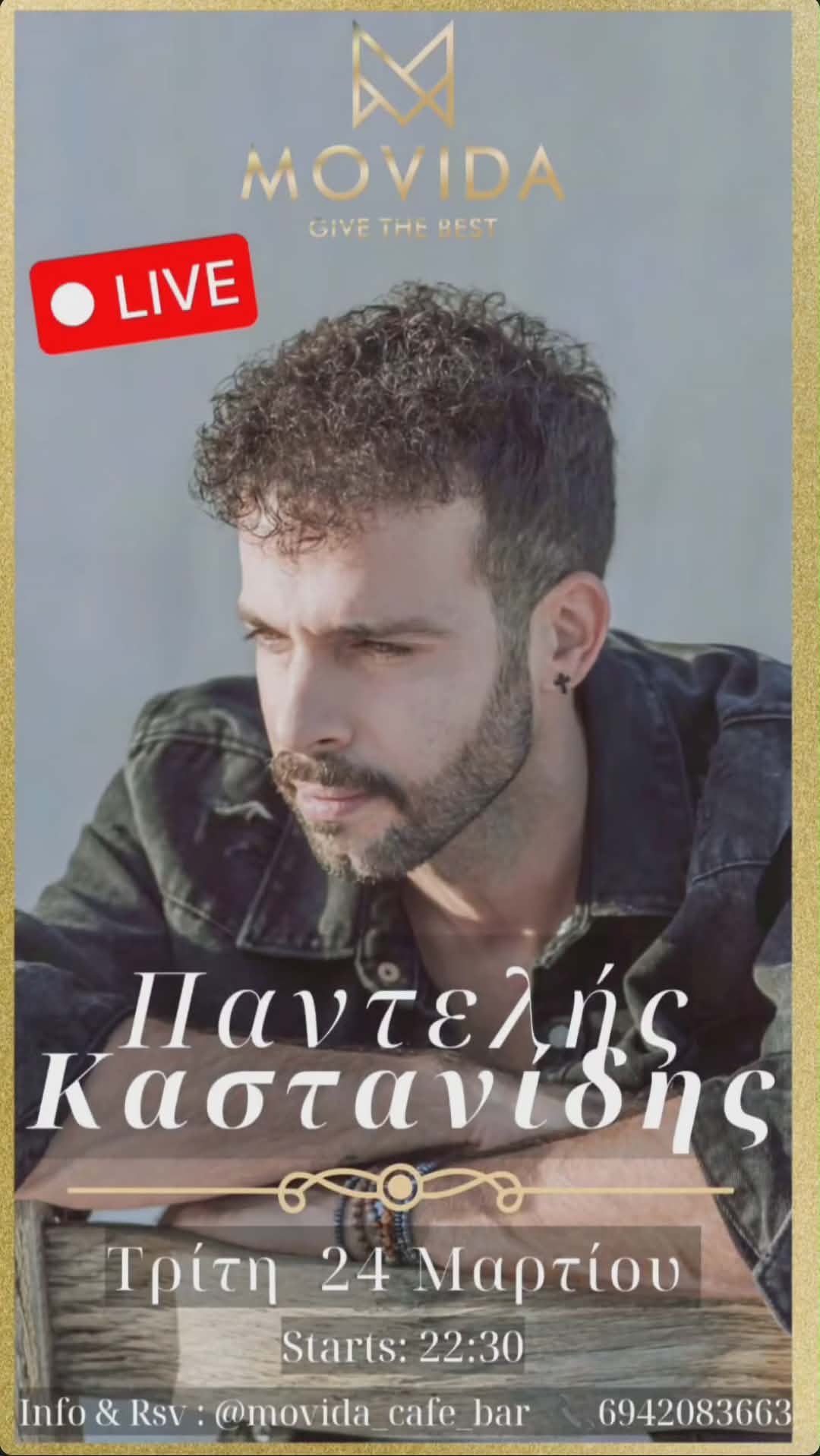 Αφίσα εκδήλωσης με live εμφάνιση του Παντελή Καστανίδη στο Movida στις 24 Μαρτίου 2026.