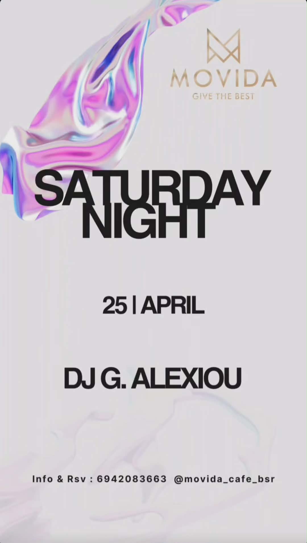 Αφίσα εκδήλωσης στο Movida στις 25 Απριλίου 2026 με τον Dj G. Alexiou.