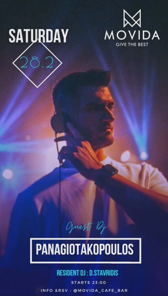 Αφίσα εκδήλωσης με τον Dj Panagiotakoulo στο Movida στις 28 Φεβρουαρίου 2026.