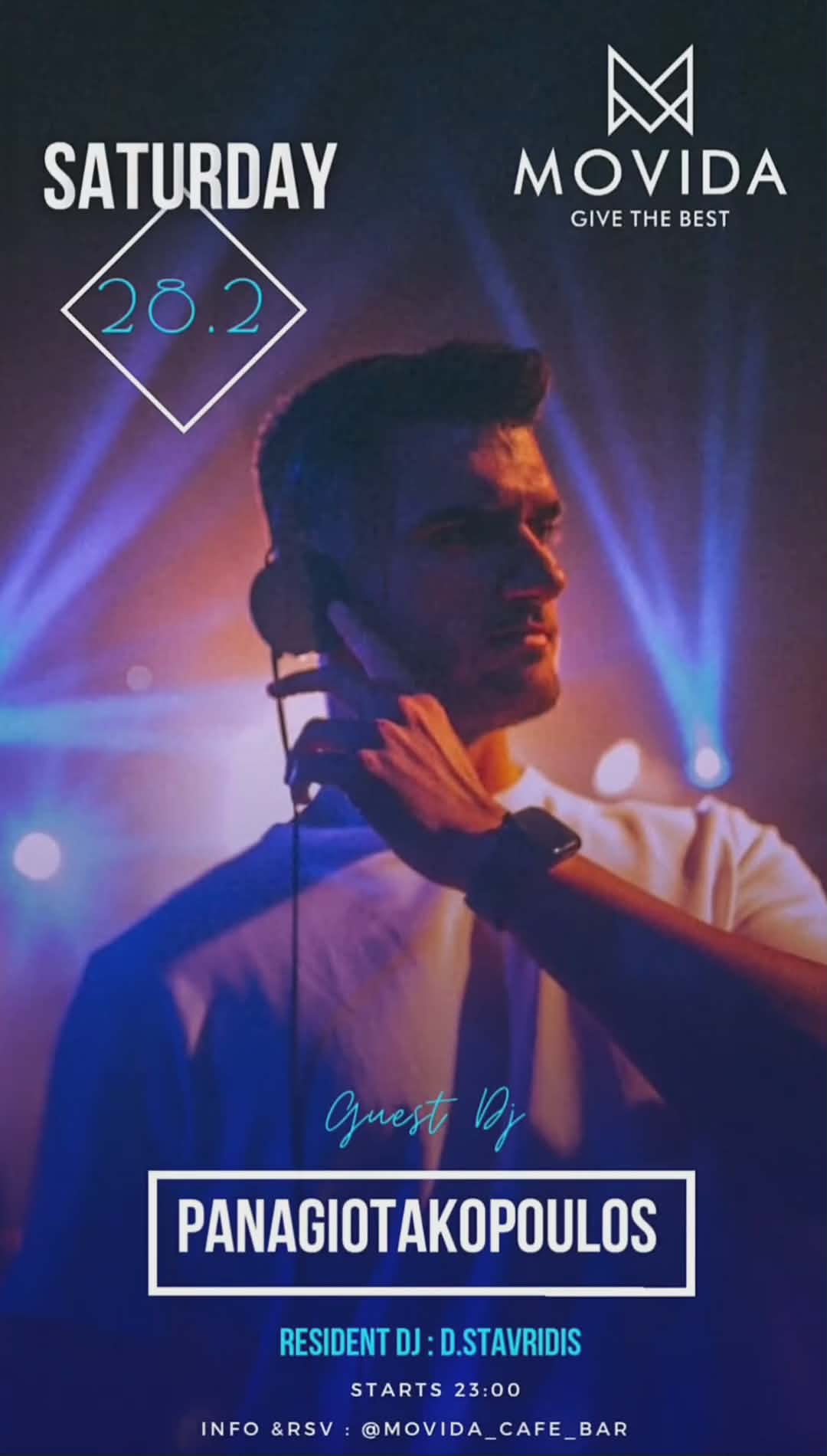 Αφίσα εκδήλωσης με τον Dj Panagiotakoulo στο Movida στις 28 Φεβρουαρίου 2026.