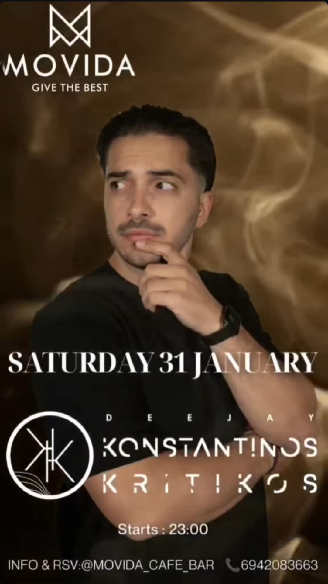 Αφίσα εκδήλωσης με τον Dj Konstantino Kritiko στο Movida στις 31 Ιανουαρίου 2026.