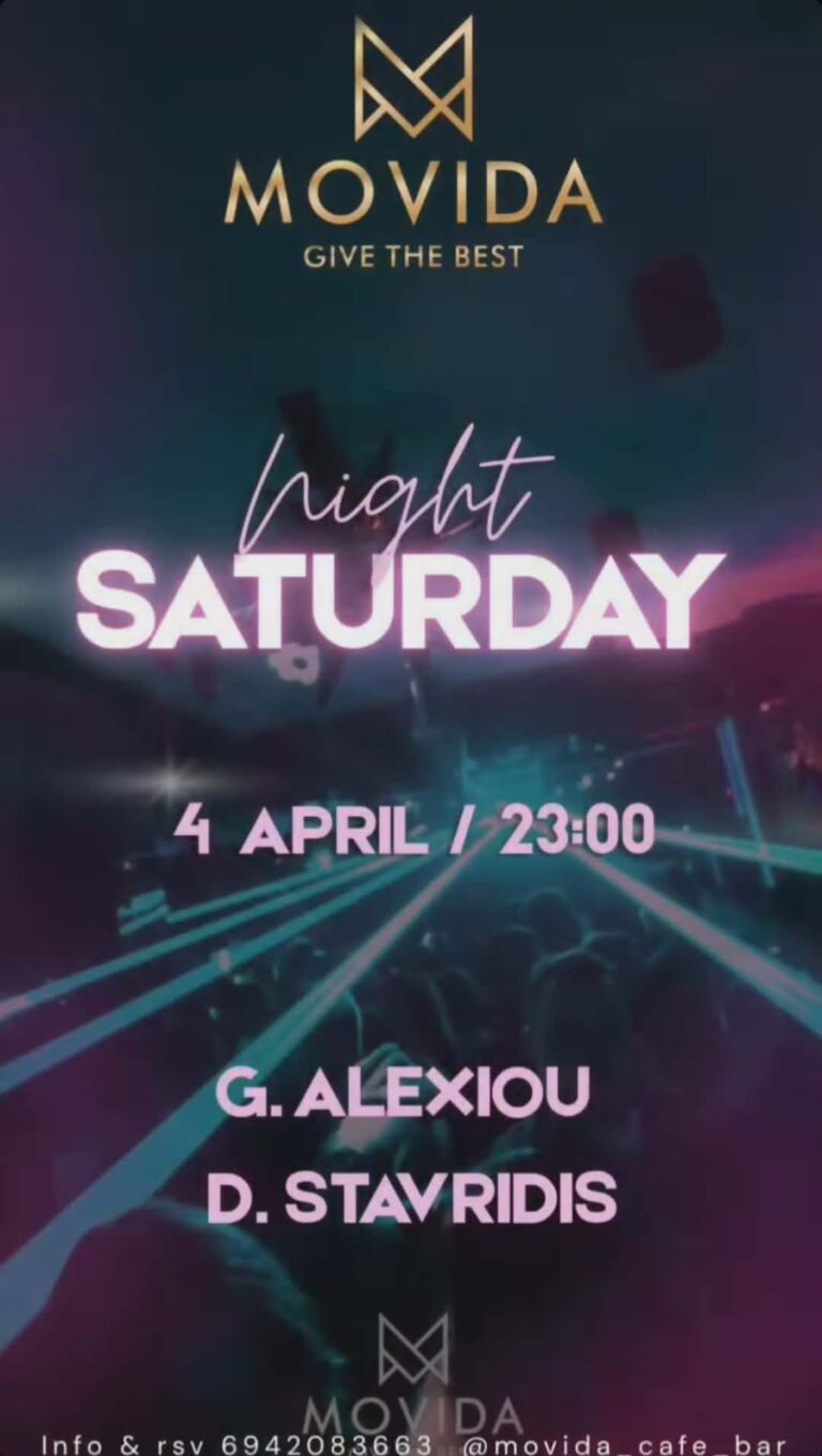 Αφίσα εκδήλωσης στο Movida στις 4 Απριλίου 2026 με τους Djs D. Stavridi & G. Alexiou.