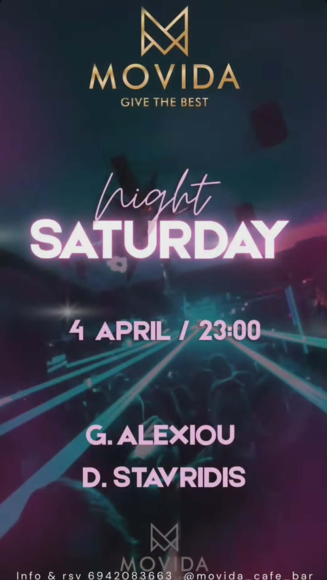 Αφίσα εκδήλωσης στο Movida στις 4 Απριλίου 2026 με τους Djs D. Stavridi & G. Alexiou.