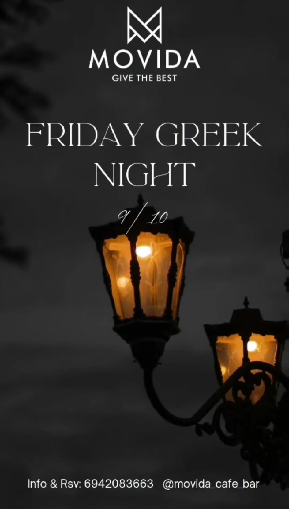 Αφίσα εκδήλωσης στο Movida στις 9 Οκτωβρίου 2026 με Greek night.