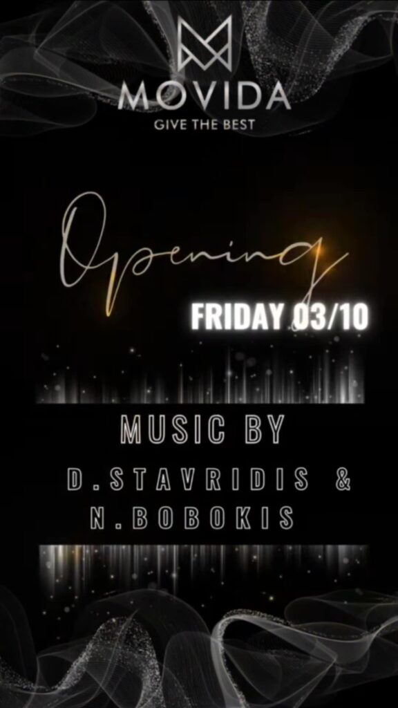 Αφίσα εκδήλωσης με Opening Party από το Movida στις 3 Οκτωβρίου 2025.