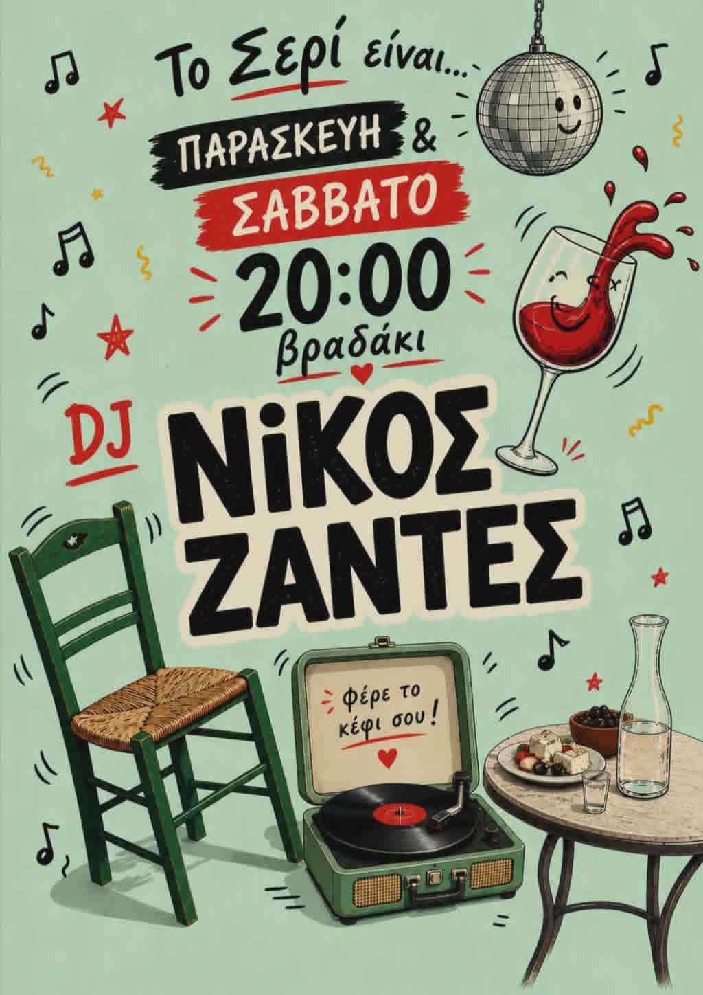 Αφίσα εκδήλωσης στο ΣΕΡΙ με τον Dj Νίκο Ζαντε στις 29 Μαΐου 2026 και ώρα 20:00.