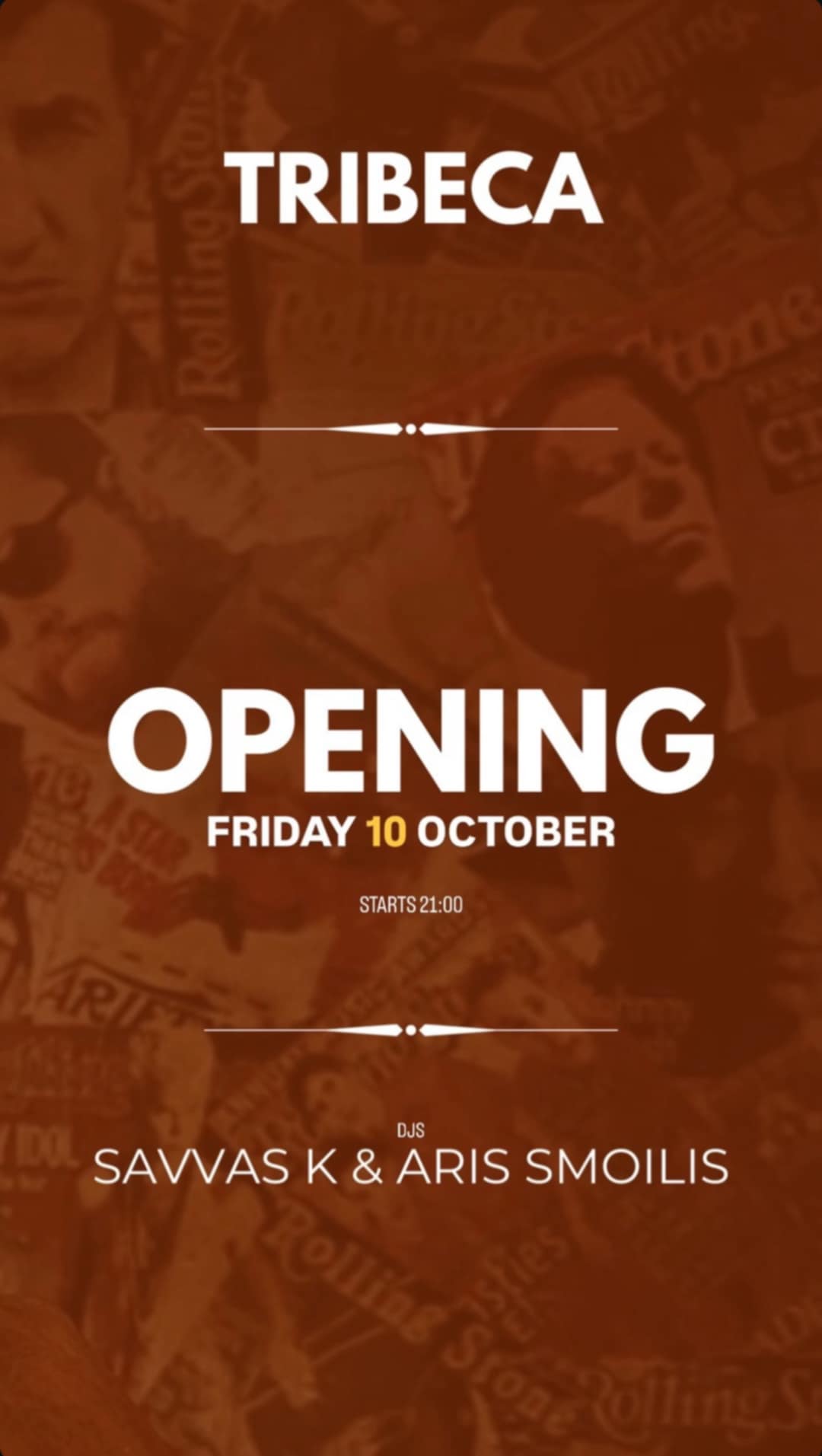 Αφίσα εκδήλωσης στο Tribeca με opening party στις 10 Οκτώβρη 2025 με τους Dj Savva K. και Ari Smoili.