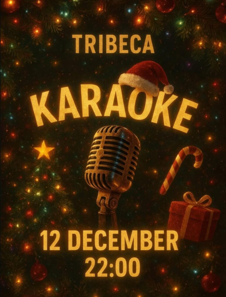 Αφίσα εκδήλωσης από το Tribeca με Karaoke πάρτι στις 12 Δεκεμβρίου 2025 και ώρα 22:00.