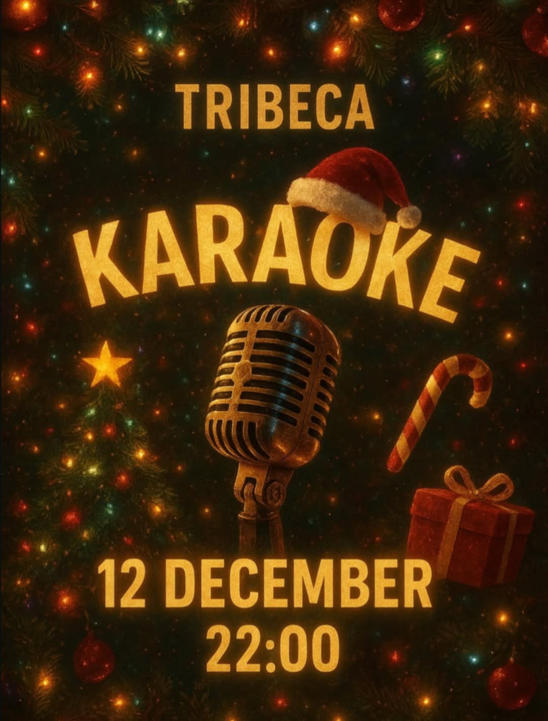 Αφίσα εκδήλωσης από το Tribeca με Karaoke πάρτι στις 12 Δεκεμβρίου 2025 και ώρα 22:00.