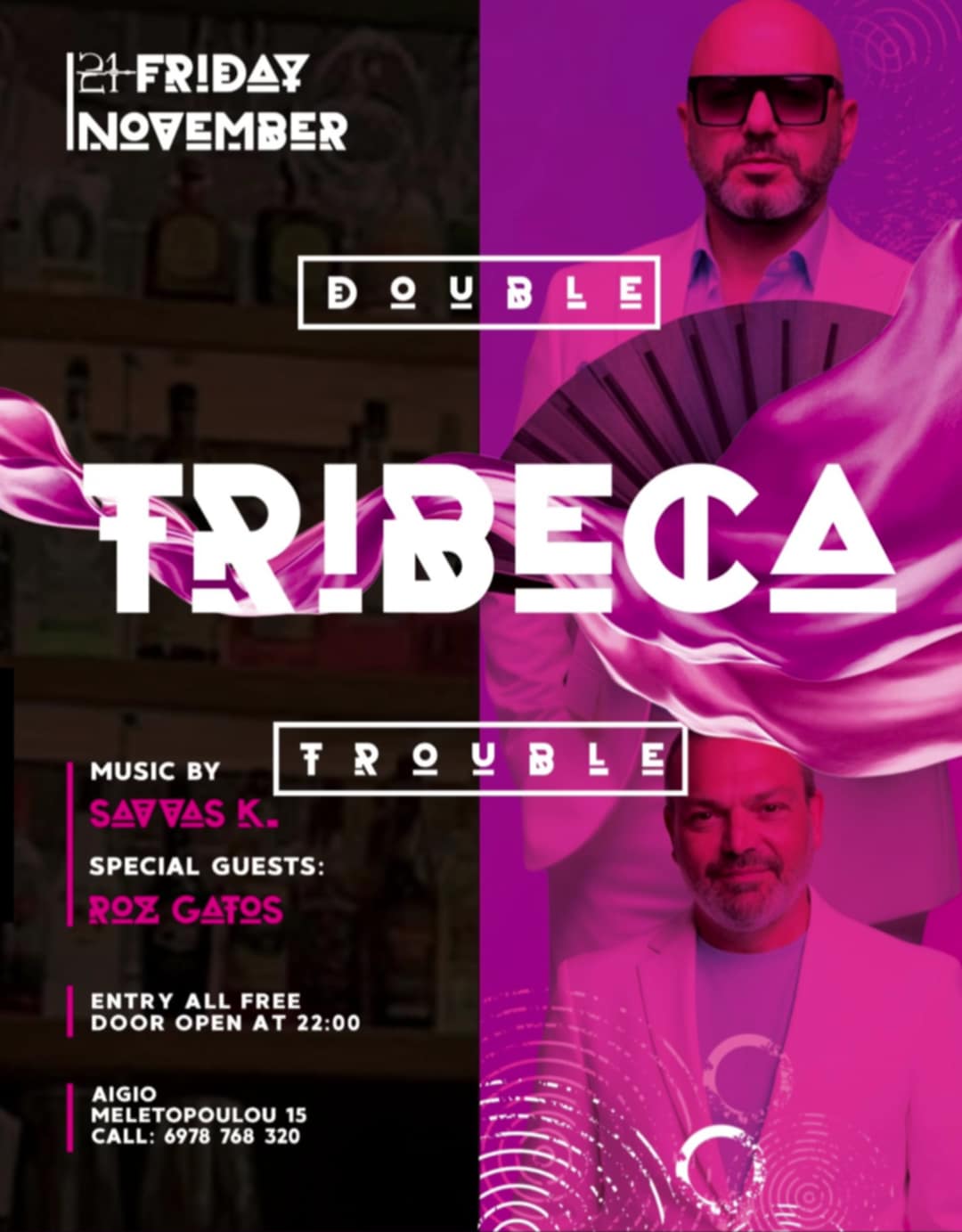 Αφίσα εκδήλωσης στο Tribeca με τους Djs Roz Gatos & Savva K. στις 21 Νοεμβρίου 2025.