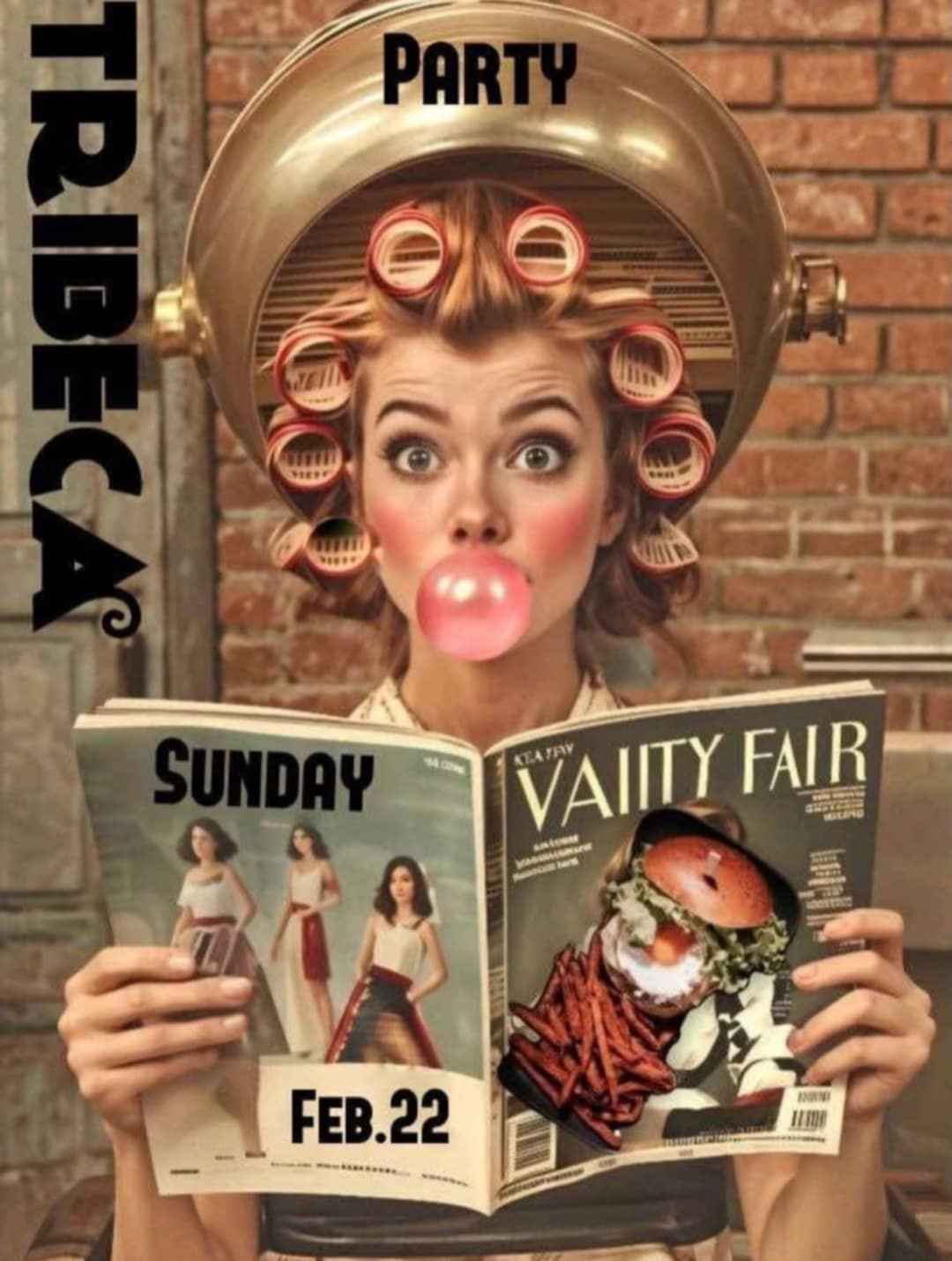 Αφίσα εκδήλωσης στο Tribeca στις 22 Φεβρουαρίου με αποκριάτικο πάρτι με θέμα "Σιγά το Κομμωτήριο".