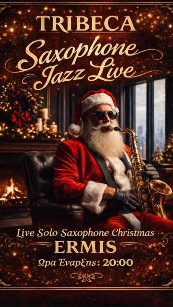 Αφίσα εκδήλωσης με Live Saxophone Jazz στο Tribeca στις 23 Δεκεμβρίου 2025 και ώρα 20:00.