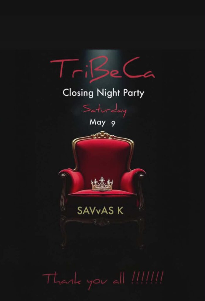 Αφίσα εκδήλωσης στο Tribeca στις 9 Μαΐου 2026 με τον Dj Savva K. για το Closing Party.