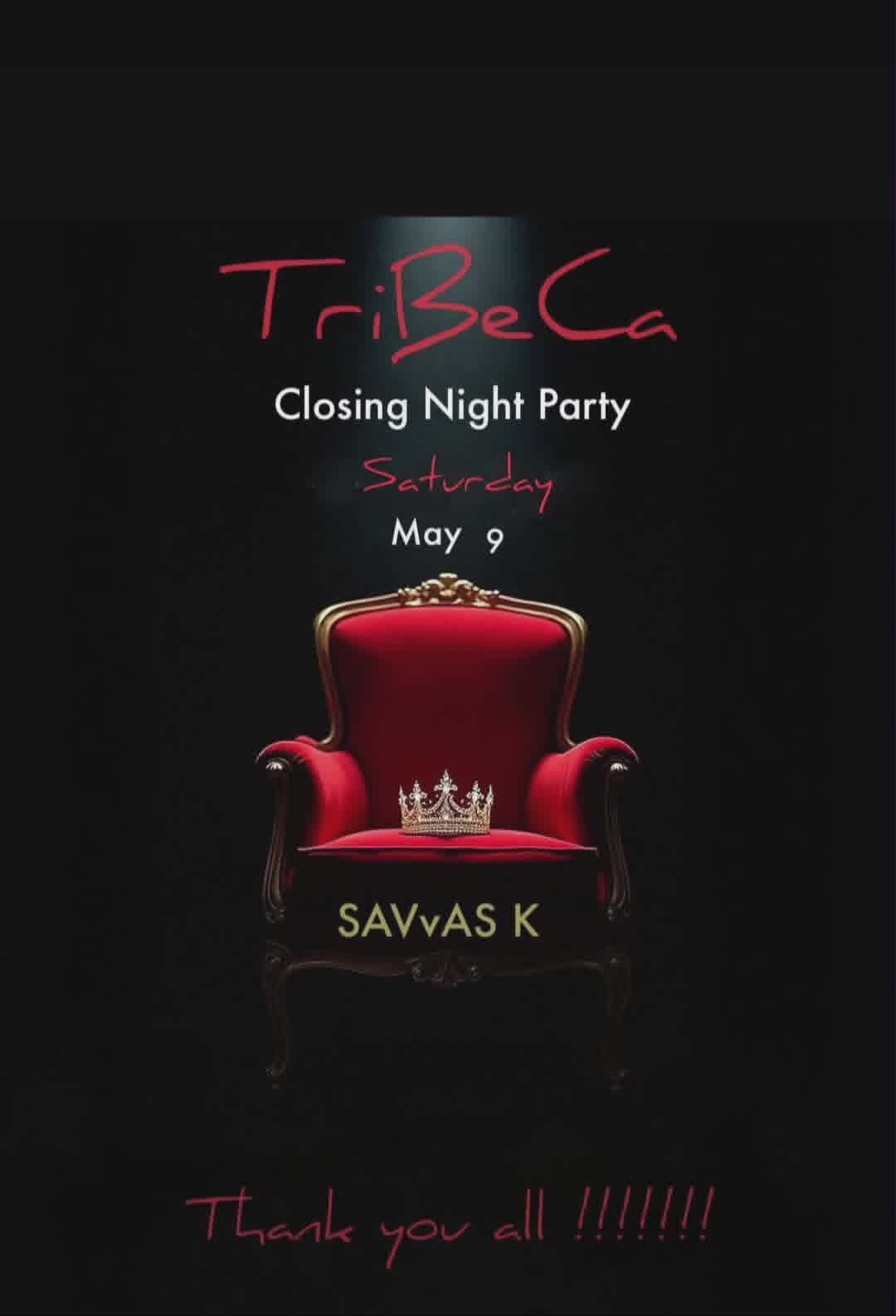 Αφίσα εκδήλωσης στο Tribeca στις 9 Μαΐου 2026 με τον Dj Savva K. για το Closing Party.