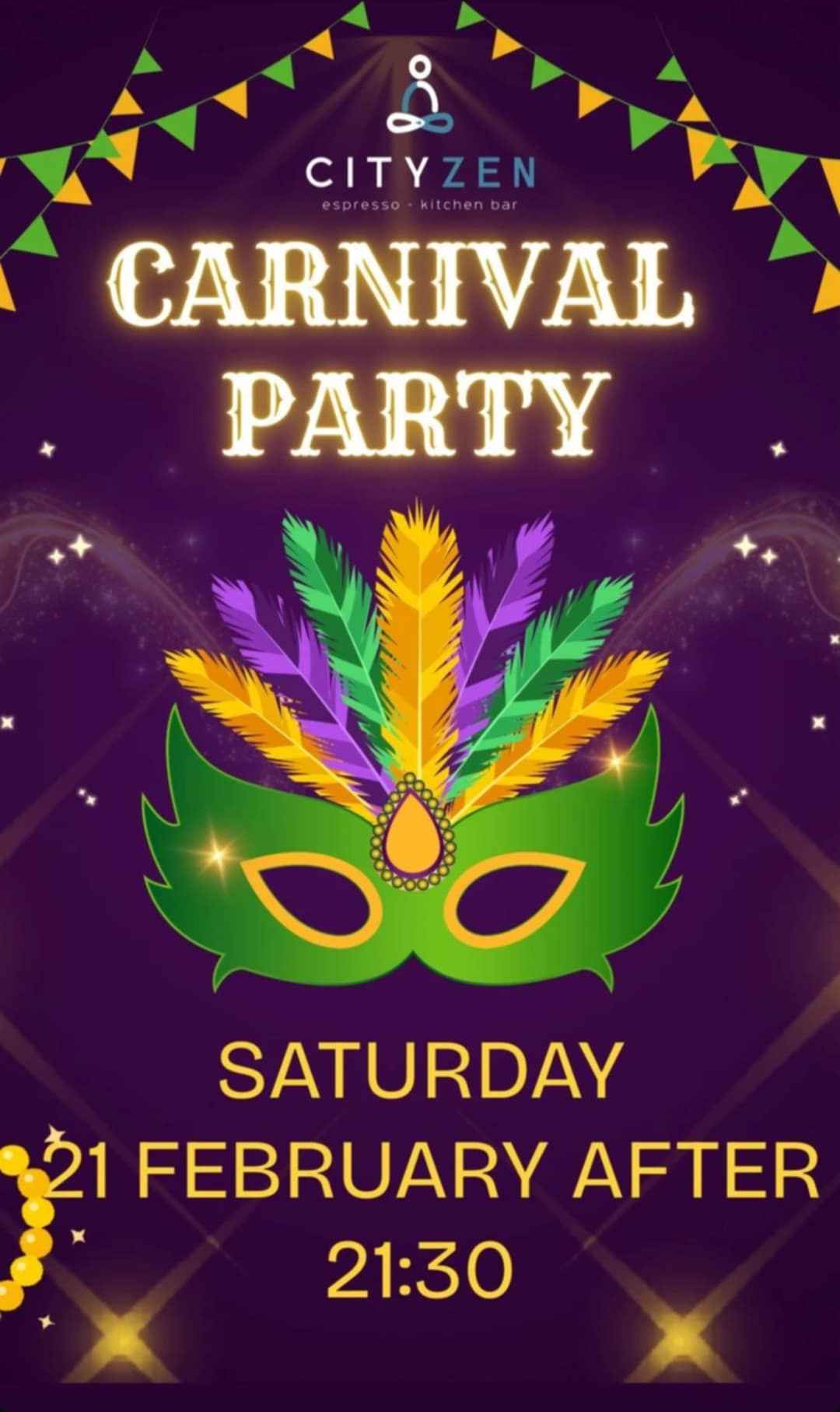 Αφίσα εκδήλωσης από το City Zen με αποκριάτικο πάρτι στις 21 Φεβρουαρίου 2026 και ώρα 21:30.