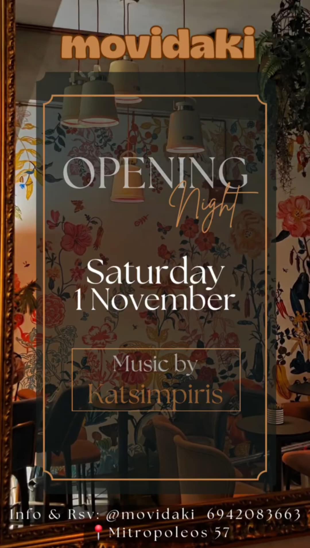 Αφίσα εκδήλωσης με opening party στο Movidaki τη 1 Νοεμβρίου με τον Dj Katsimpiri.