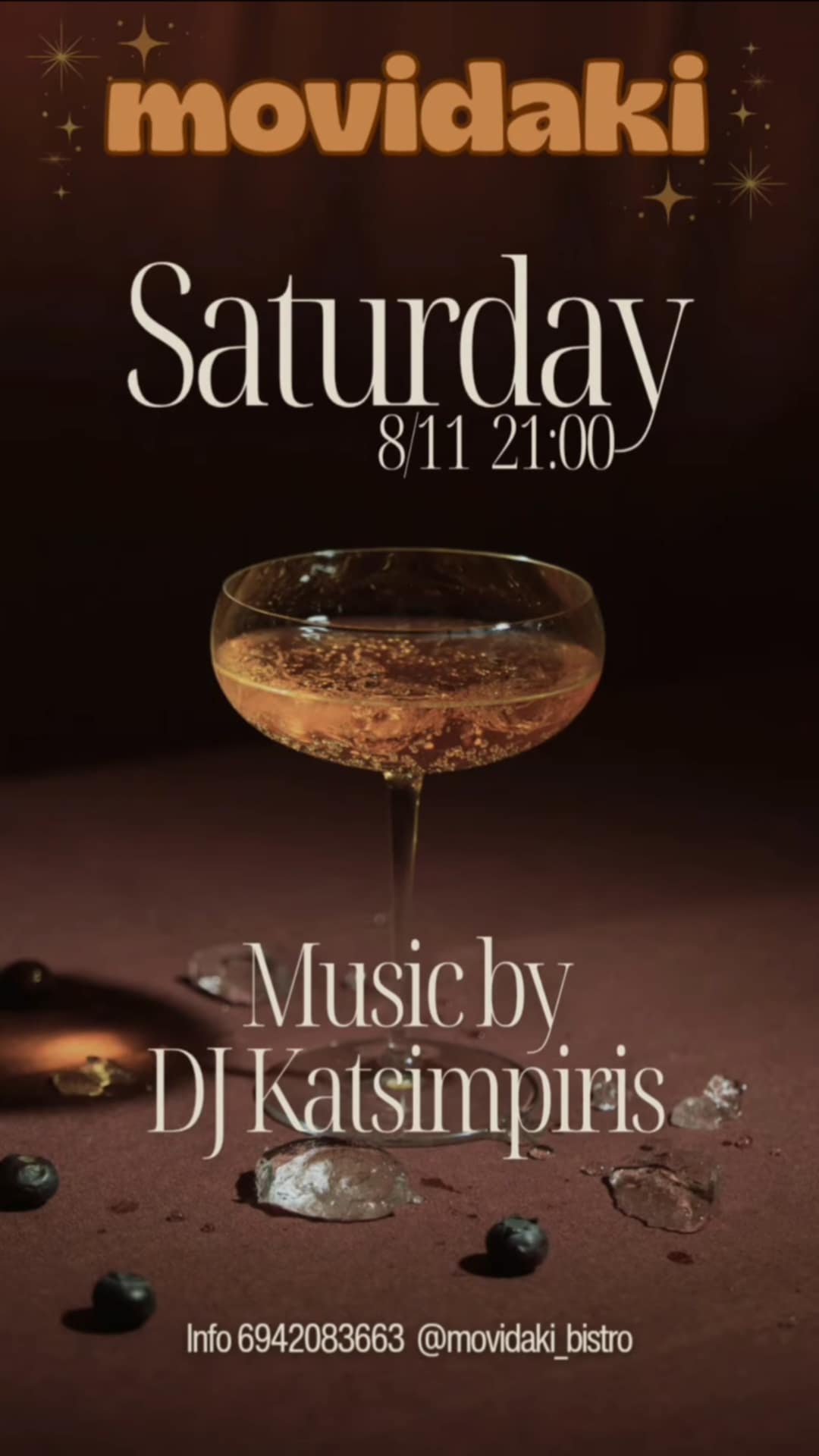 Αφίσα εκδήλωσης με opening party στο Movidaki τη 8 Νοεμβρίου με τον Dj Katsimpiri.