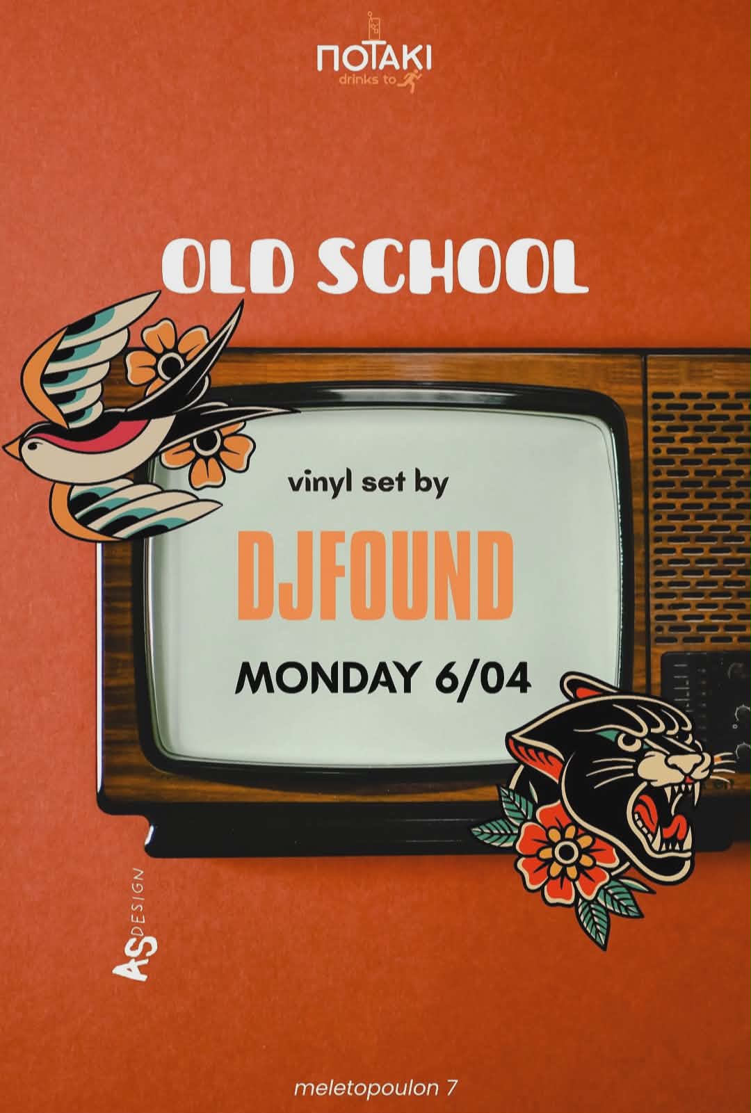 Αφίσα εκδήλωσης στο Ποτάκι to go στις 6 Απριλίου 2026 με τον Dj Found με old school επιλογές.