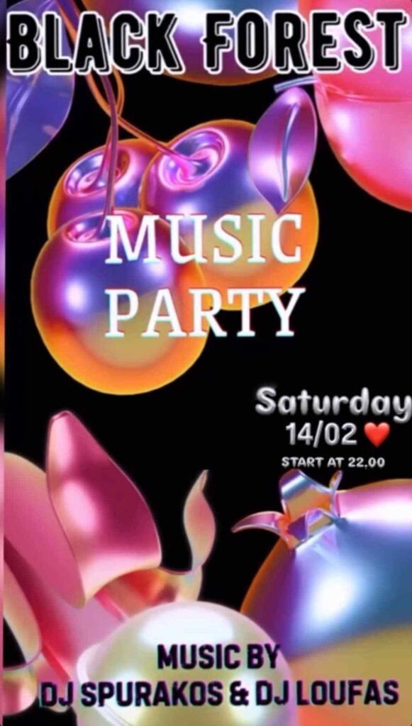 Αφίσα εκδήλωσης από το Black Forest με πάρτι στις 14 Φεβρουαρίου 2026.