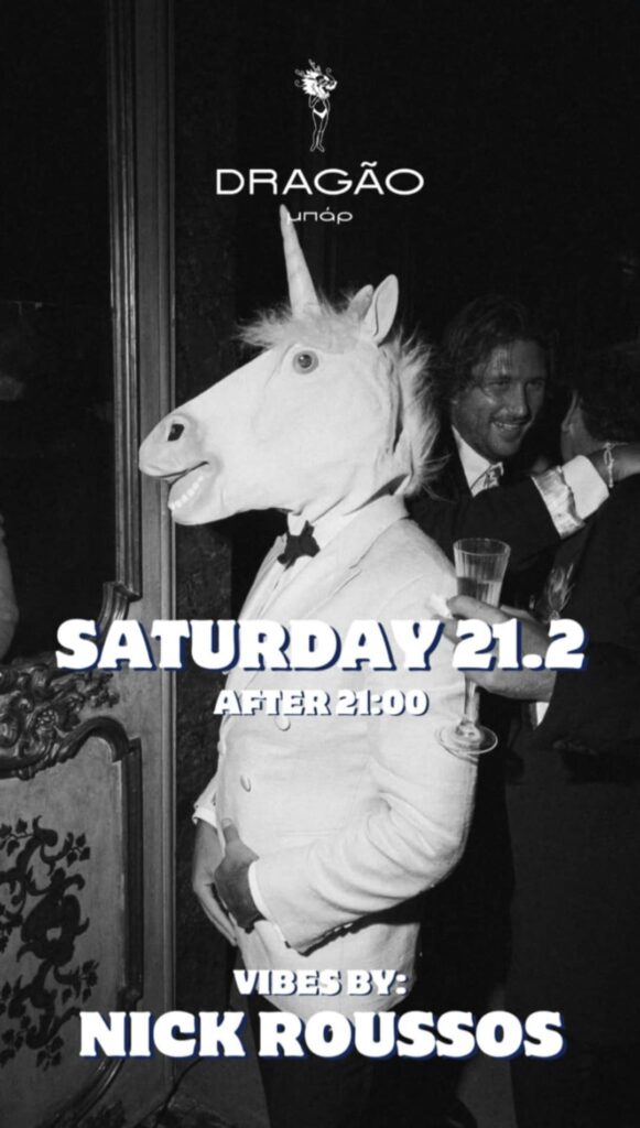 Αφίσα εκδήλωσης στο Dragao Bar στις 21 Φεβρουαρίου 2026 και ώρα 21:00 με τον Dj Nick Rousso.