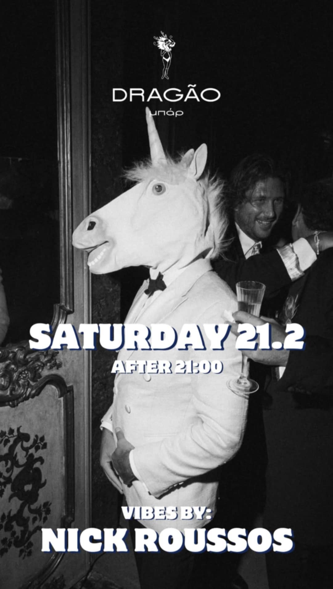 Αφίσα εκδήλωσης στο Dragao Bar στις 21 Φεβρουαρίου 2026 και ώρα 21:00 με τον Dj Nick Rousso.