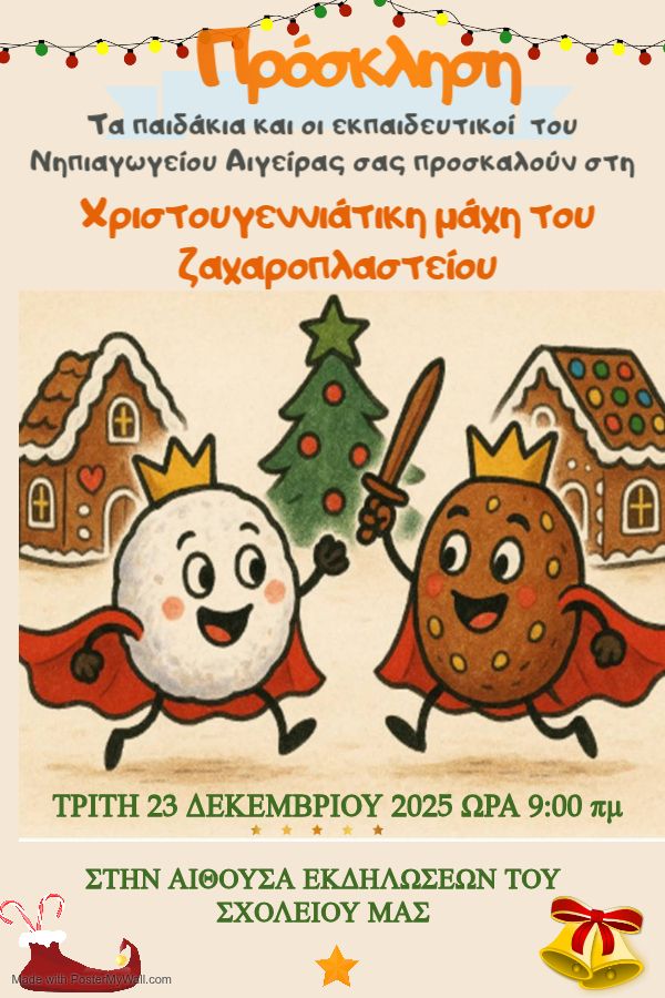 Αφίσα εκδήλωσης από το Νηπιαγωγείο Αιγείρας με την Χριστουγεννιάτικη παράσταση στις 23 Δεκεμβρίου 2025 και ώρα 9:00 στην αίθουσα εκδηλώσεων του σχολείου.
