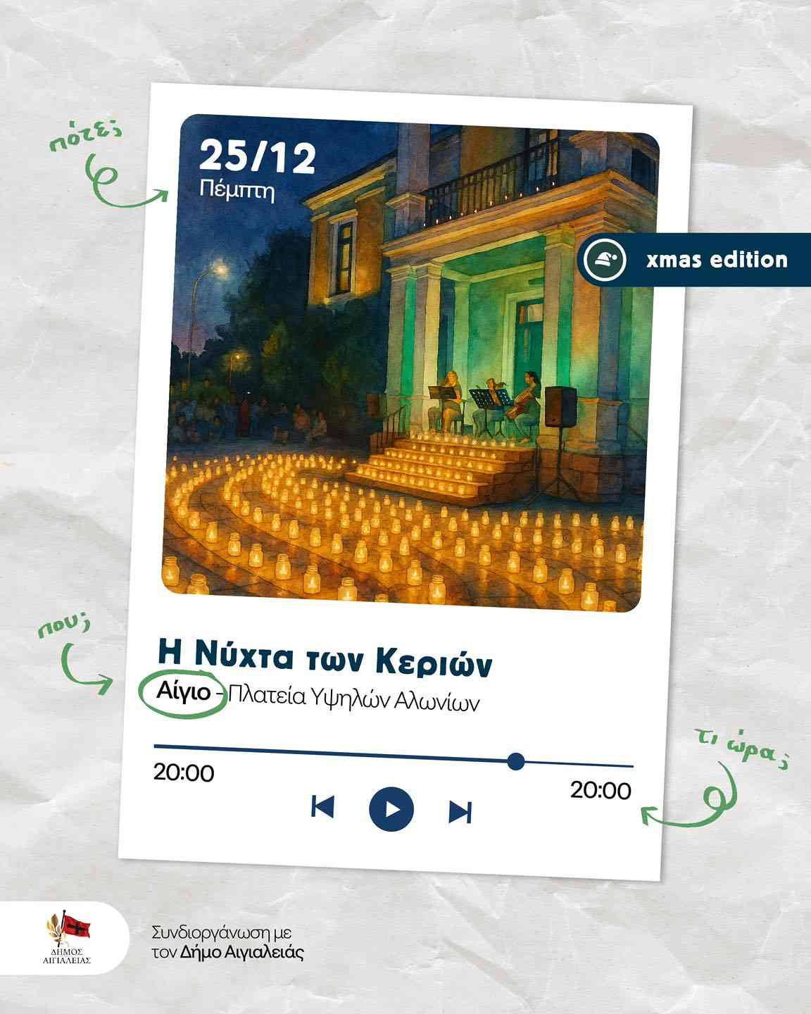Αφίσα εκδήλωσης με τη "Νύχτα των Κεριών" στο Αίγιο στη πλατεία Υψηλών Αλωνίων στις 25 Δεκεμβρίου και ώρα 20:00.