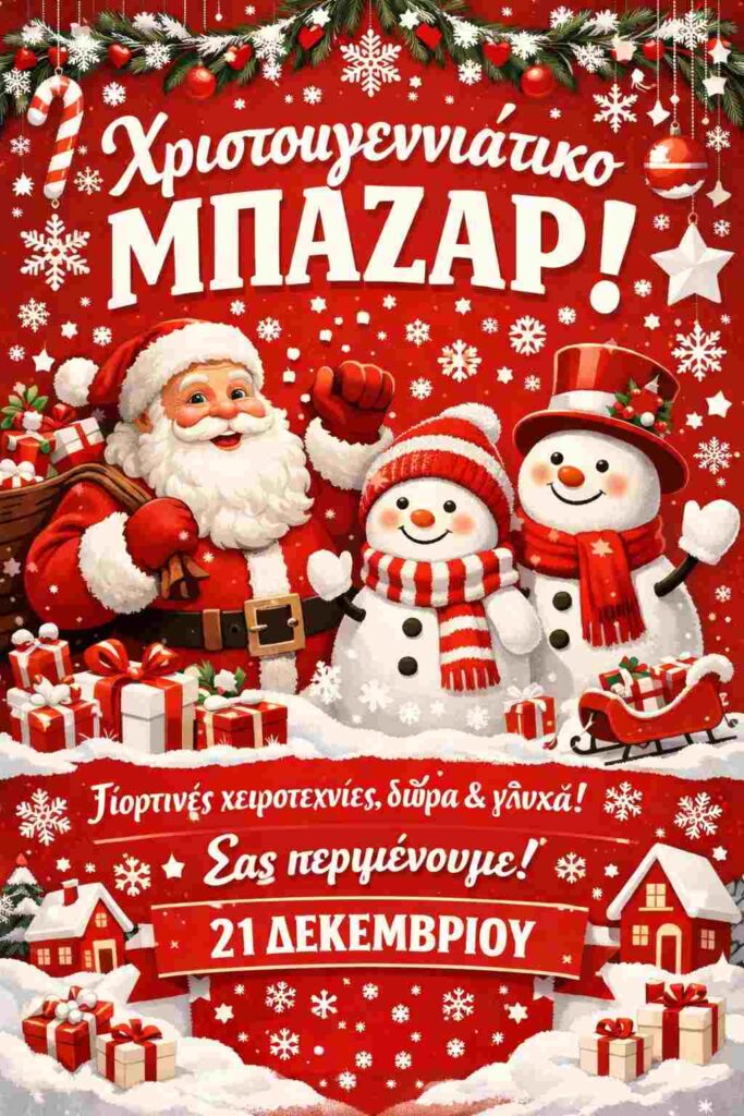 Αφίσα εκδήλωσης με Χριστουγεννιάτικο Bazaar στις 21 Δεκεμβρίου 2025.