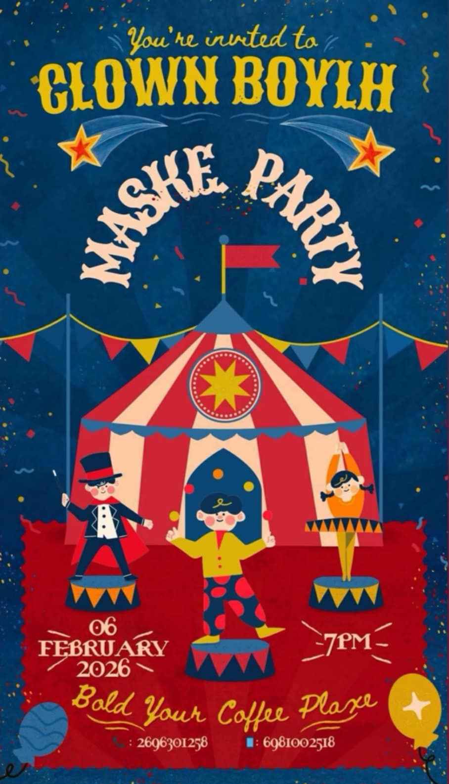 Αφίσα εκδήλωσης με αποκριάτικο party στις 6 Φεβρουαρίου 2026 και ώρα 19:00 στο Bold Cafe.