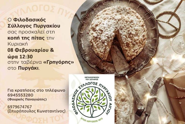 Αφίσα εκδήλωσης κοπής Πρωτοχρονιάτικης πίτας από τον Φιλοδασικό Σύλλογο Πυργακίου στις 8 Φεβρουαρίου 2026 και ώρα 13:30 στη ταβέρνα Γρηγόρης.