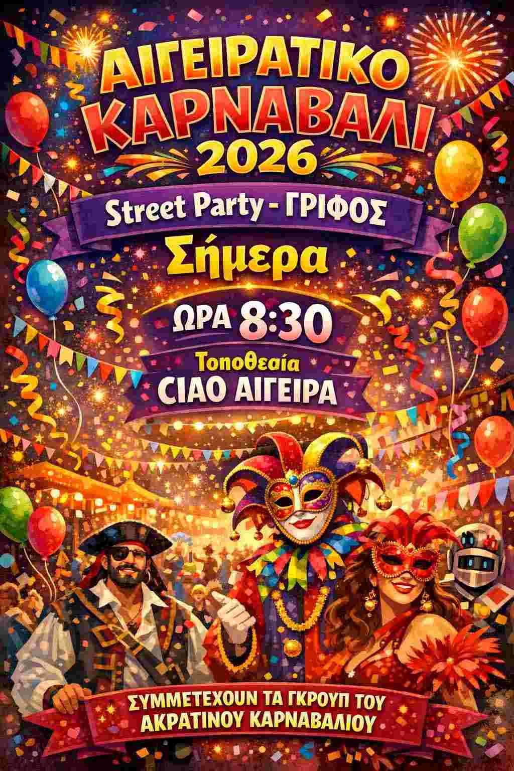 Αφίσα εκδήλωσης από τον Πολιτιστικό Σύλλογο Αιγείρας με Street Party - Γρίφο στο Ciao Αιγείρας στις 20:30. Συμμετοχή των γκρουπ του Ακρατινού Καρναβαλιού.