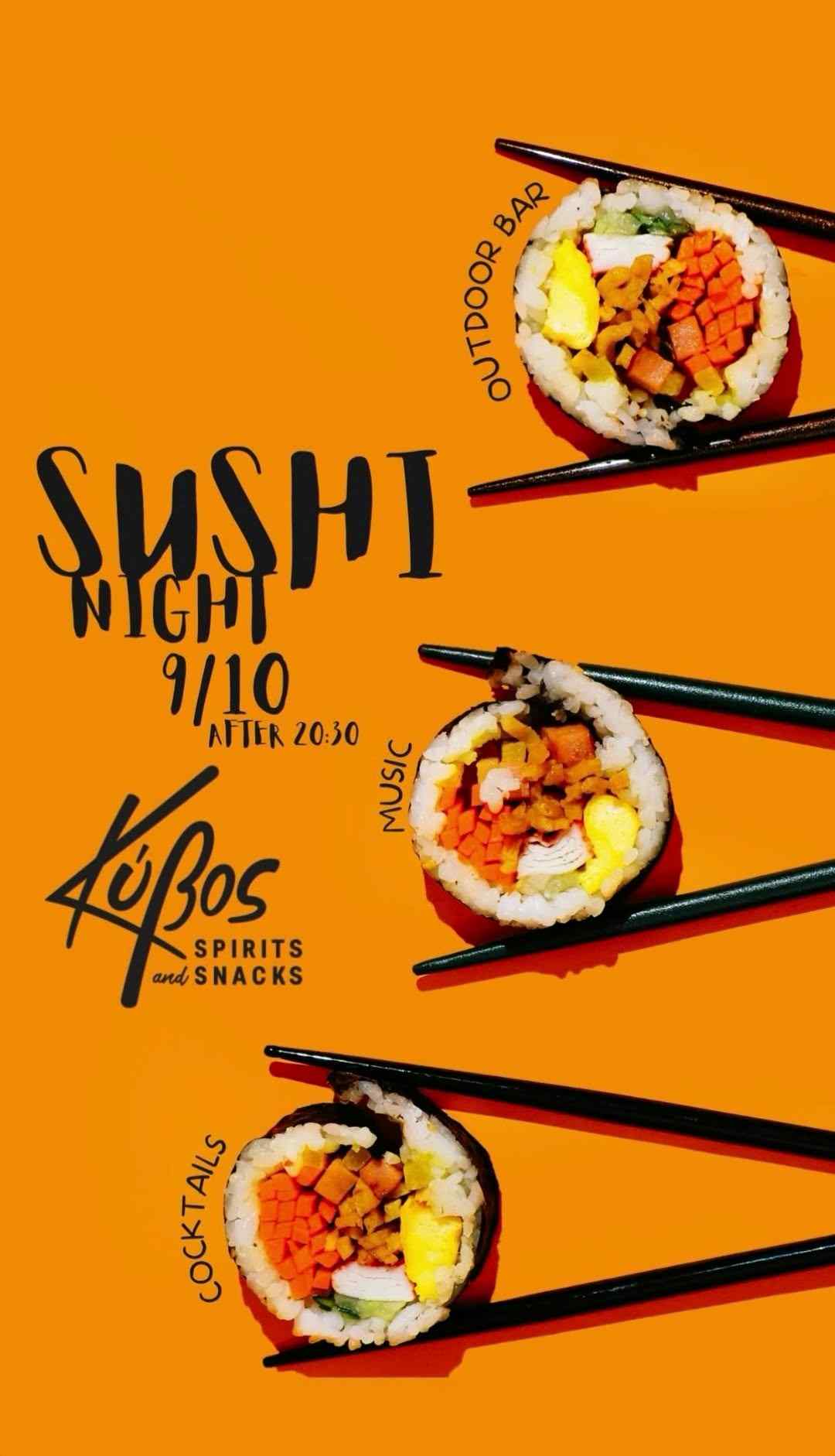 Αφίσα εκδήλωσης με sushi night στον Κύβο στις 9 Οκτωβρίου 2026 και ώρα 20:30.