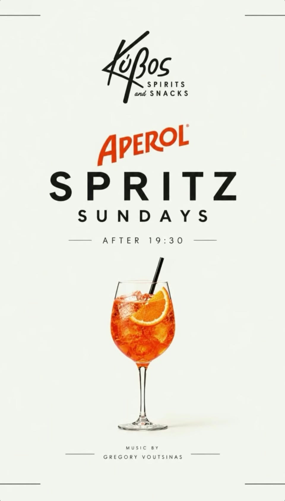Αφίσα εκδήλωσης στον Κύβο με Aperol Spritz Sundays στις 4 Οκτωβρίου 2026 με τον Dj Gregory Voutsina, από τις 19:30.