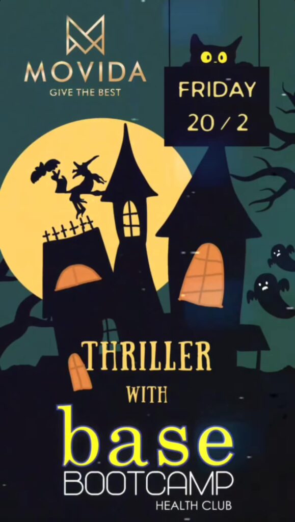 Αφίσα εκδήλωσης από το Base Bootcamp Club με αποκριάτικο πάρτι στο Movida στις 20 Φεβρουαρίου 2026.