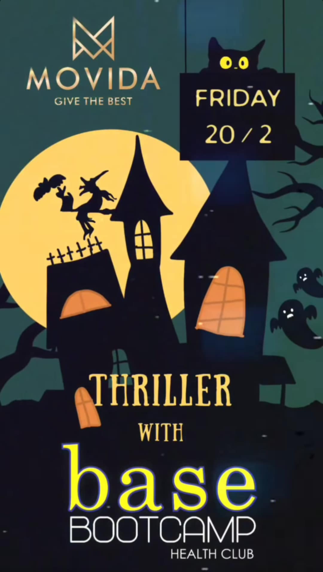 Αφίσα εκδήλωσης από το Base Bootcamp Club με αποκριάτικο πάρτι στο Movida στις 20 Φεβρουαρίου 2026.