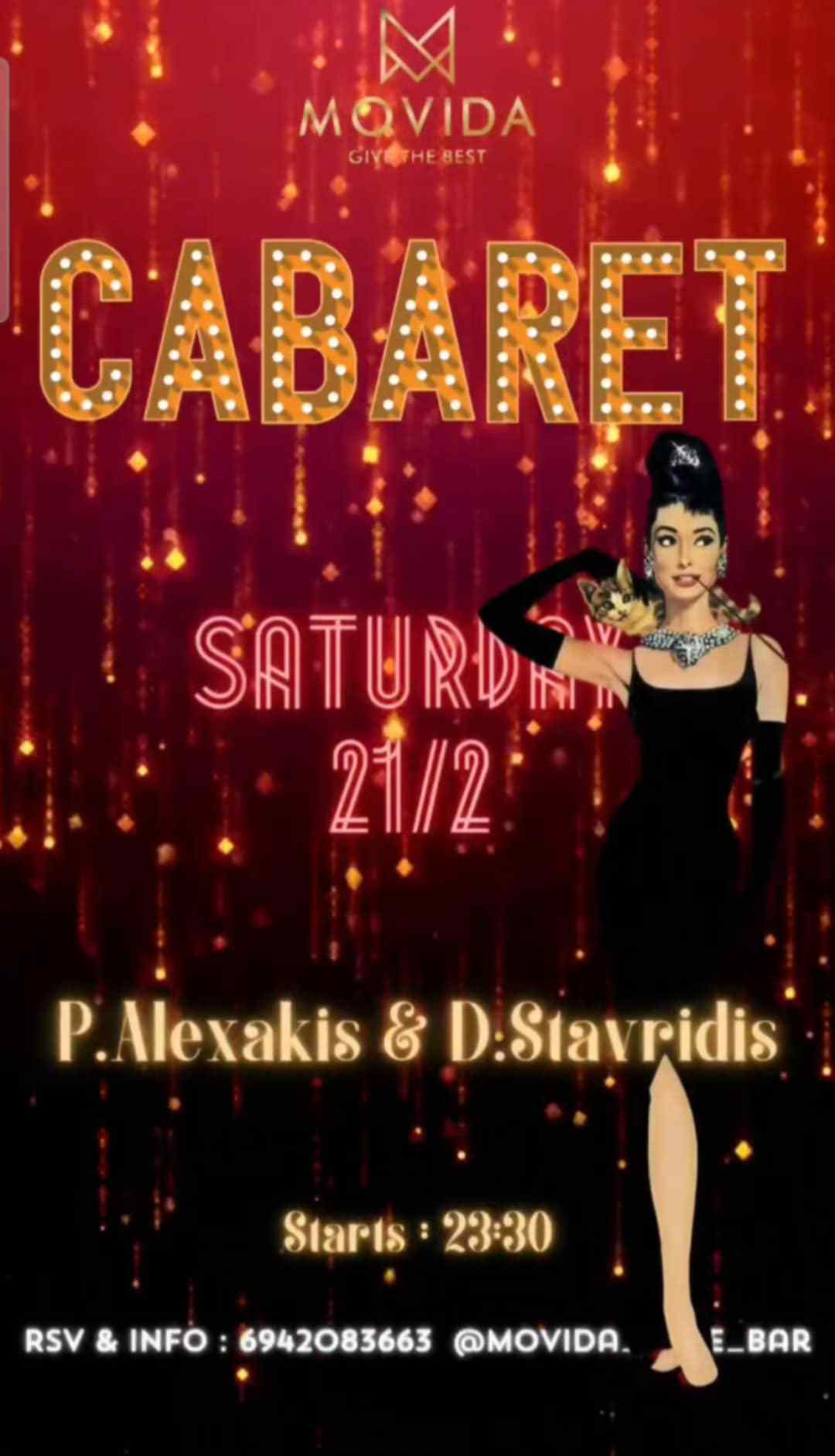 Αφίσα εκδήλωσης στο Movida με αποκριάτικο πάρτι στις 21 Φεβρουαρίου 2026 και ώρα 23:30 με θέμα "Cabaret" και τους DJ P. Alexaki & Dj D. Stavridi.