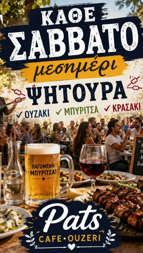 Αφίσα εκδήλωσης στο Pats Cafe Ouzeri με ψητούρα κάθε Σάββατο μεσημέρι.