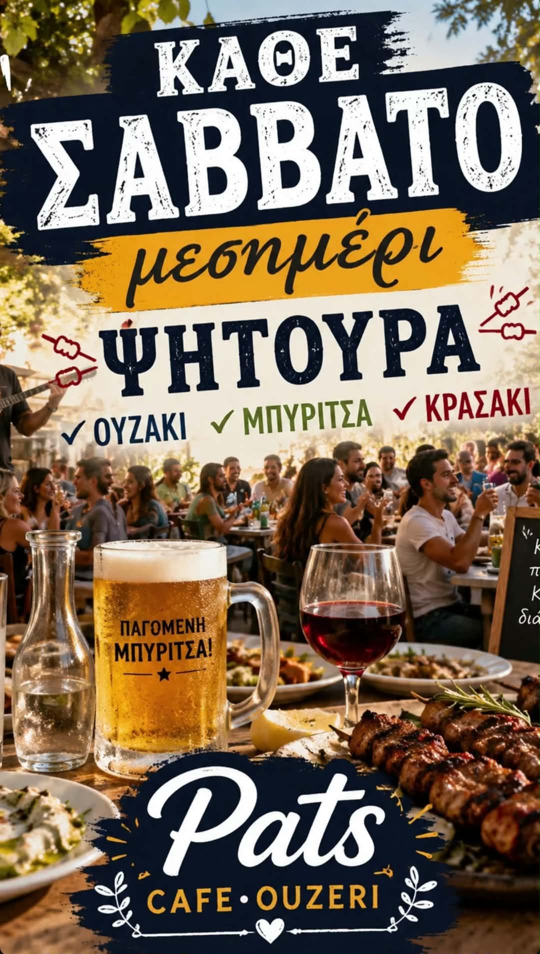 Αφίσα εκδήλωσης στο Pats Cafe Ouzeri με ψητούρα κάθε Σάββατο μεσημέρι.