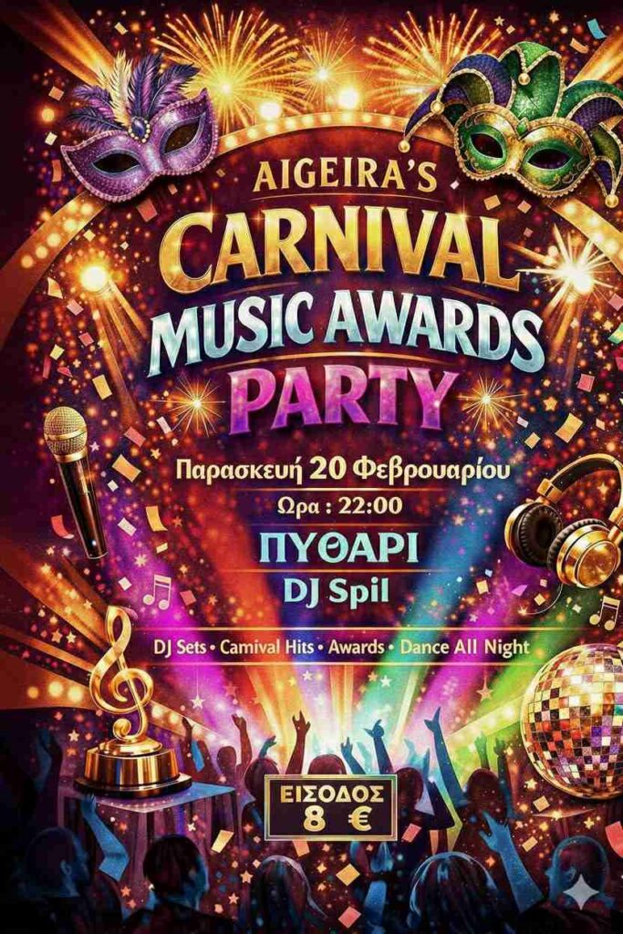 Αφίσα εκδήλωσης από τον Πολιτιστικό Σύλλογο Αιγείρας με αποκριάτικο χορό στις 20 Φεβρουαρίου 2026 και ώρα 22:00 στο Πυθάρι.