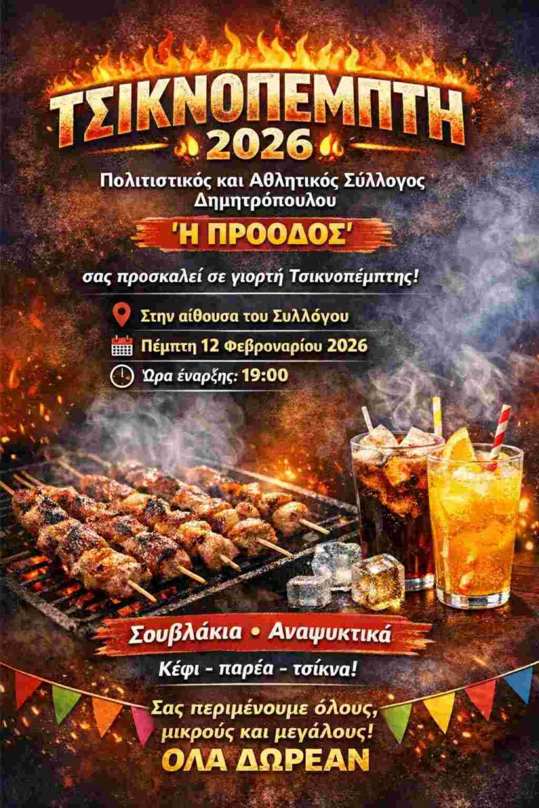 Αφίσα εκδήλωσης από τον Πολιτιστικό και Αθλητικό Σύλλογο Δημητρόπουλου "Η Πρόοδος" στις 12 Φεβρουαρίου 2026, Τσικνοπέμπτη και ώρα 19:00 στην αίθουσα του Συλλόγου με σουβλάκια, αναψυκτικά, μουσική, χορό. Όλα δωρεάν.