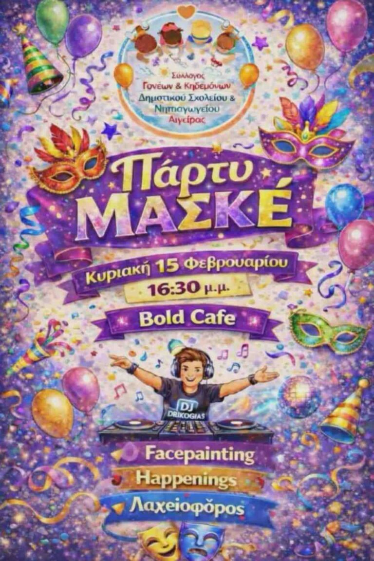 Αφίσα εκδήλωσης με Party Μασκέ από τον Party Μασκέ από τον Σύλλογο Γονέων και Κηδεμόνων Δημοτικού Σχολείου και Νηπιαγωγείου Αιγείρας στις 15 Φεβρουαρίου 2026 και ώρα 16:30 στο Bold Cafe.