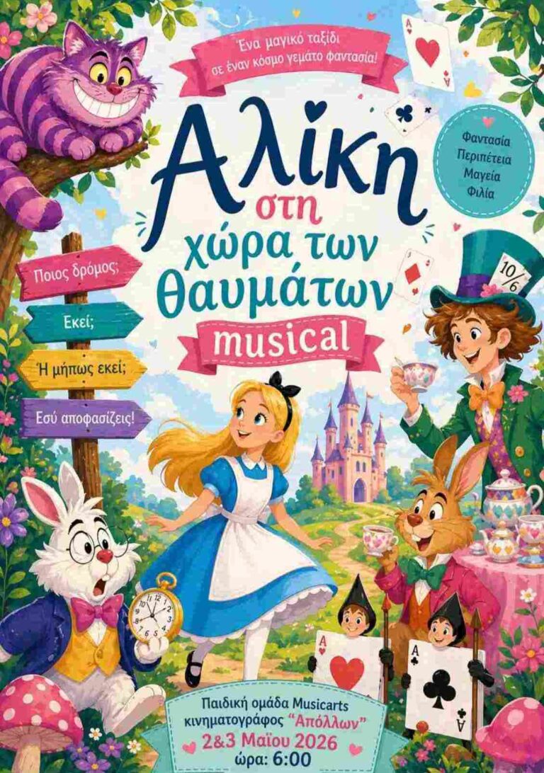 Αφίσα εκδήλωσης από τη μουσικοθεατρική ομάδα The MusicArts με μιούζικαλ και τίτλο "Η Αλίκη στη Χώρα των Θαυμάτων" στις 2 και 3 Μαΐου 2026 και ώρα 18:00 στο δημοτικό κινηματογράφο Αιγίου.