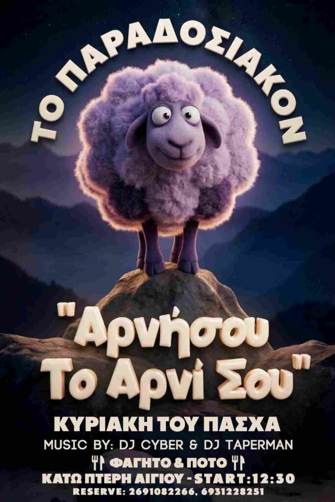 Αφίσα εκδήλωσης από το Παραδοσιακόν στη Κάτω Πτέρη με Πασχαλινό γλέντι με τους Djs Cyber & Taperman στις 12 Απριλίου 2026 και ώρα 12:30.