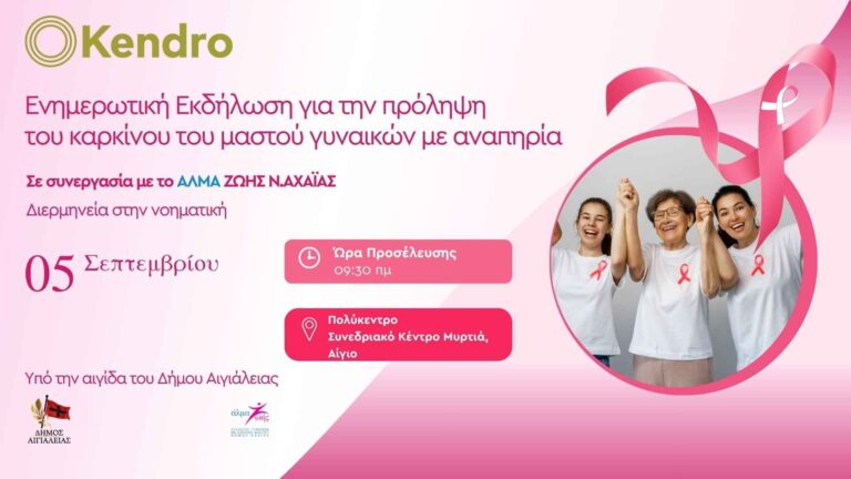 Αφίσα ενημερωτικής εκδήλωση για την πρόληψη του καρκίνου του μαστού γυναικών με αναπηρία από το Kendro στις 5 Σεπτεμβρίου 2026 και ώρα 9:30 στο Πολύκεντρο Αιγίου.