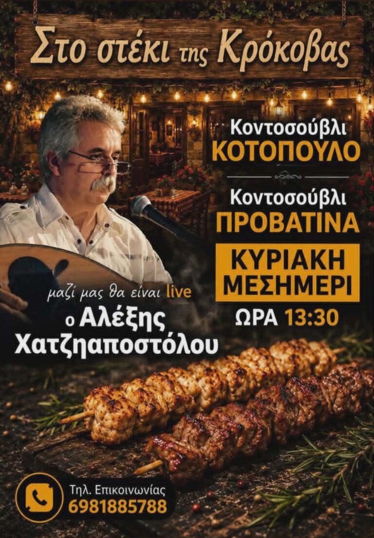 Αφίσα εκδήλωσης από το Στέκι της Κρόκοβας με ζωντανή μουσική την Κυριακή στις 13:30 η ώρα.