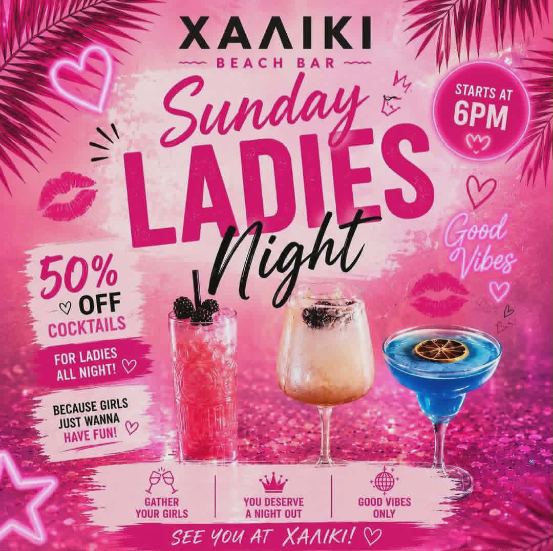 Αφίσα εκδήλωσης με Ladies Night στο Χαλίκι Beach Bar με 50% έπτωση στα Cocktail για της γυναίκες στις 21 Ιουνίου 2026 από τις 18:00.